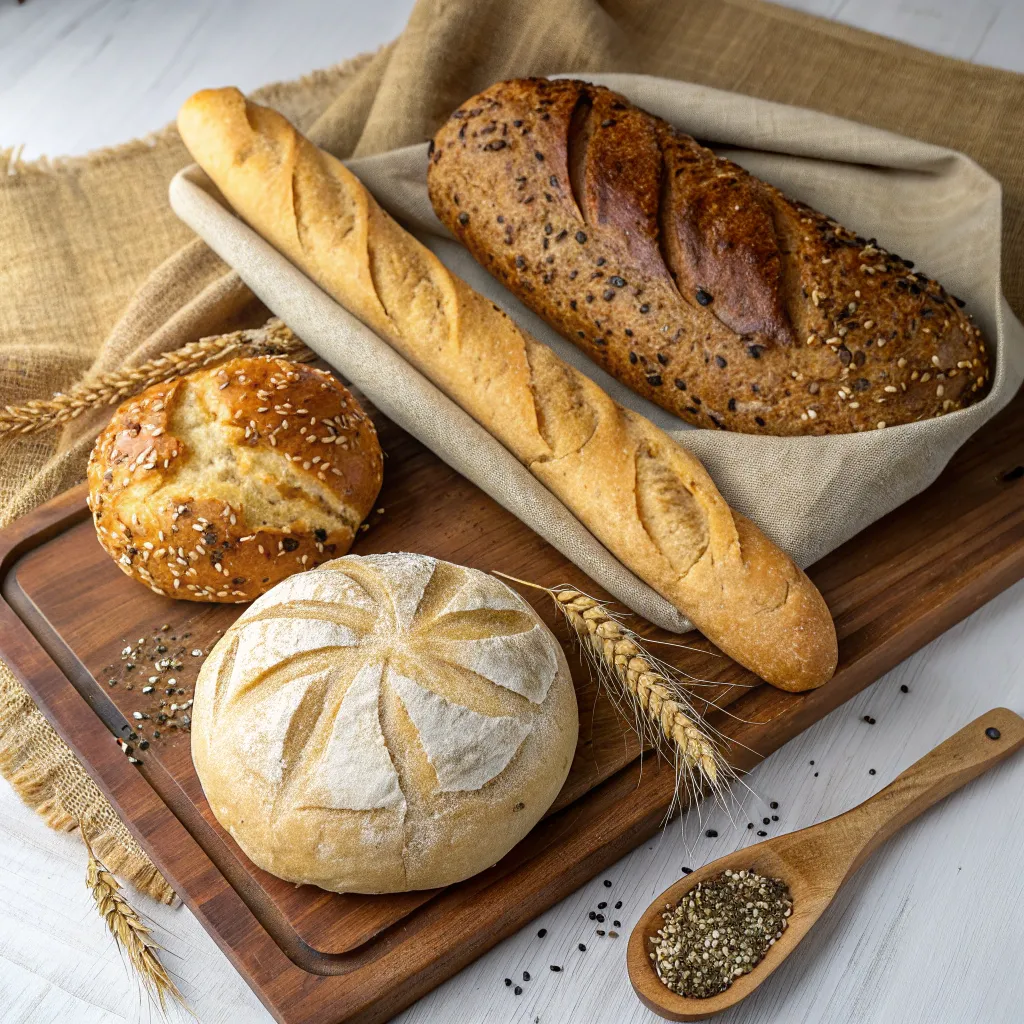 Assortment of artisan breads with rustic presentation