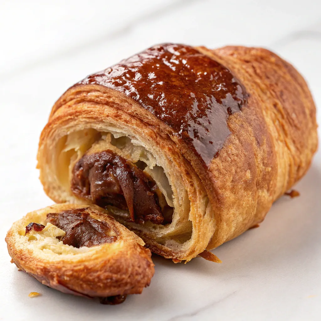 Golden brown Chocolate Croissant with a hint of melted chocolate visible
